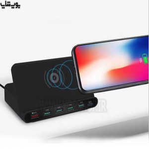 وایرلس شارژ رومیزی + 5 پورت USB و USB-C با فست شارژ QC3.0