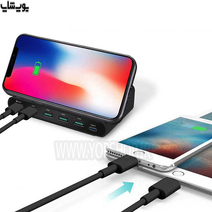 وایرلس شارژ رومیزی + 5 پورت USB و USB-C فست شارژ QC3.0 مدل W828