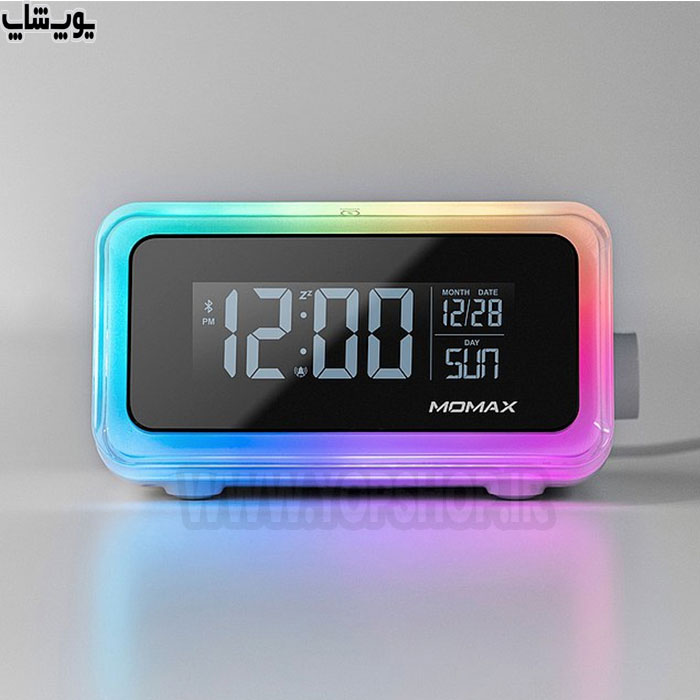 ساعت دیجیتال، اسپیکر و شارژر بی سیم مومکس مدل Q.Clock 2 با نور پردازی RGB