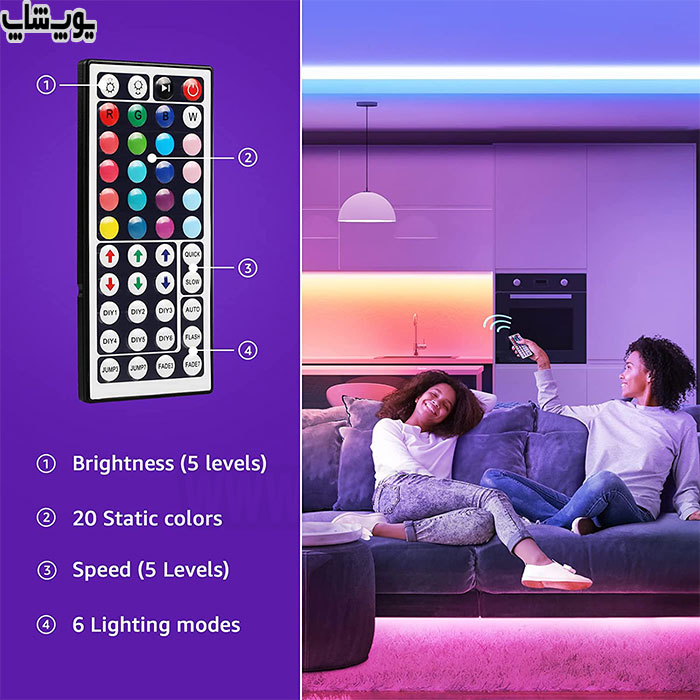 ریسه نورپردازی 5 متری برنامه پذیر LED Strip دارای ریموت برای کنترل آسان می باشد.