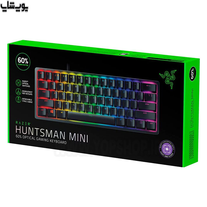 کیبورد گیمینگ RGB ریزر مدل Huntsman Mini در بسته بندی شیک و استاندارد است.