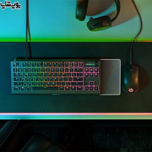 کیبورد گیمینگ سیمی RGB استیل سریز مدل APEX 3 TKL کاملا ضد آب و بی‌صدا است.