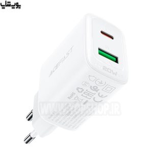 شارژر دیواری فست شارژ 20W ایس فست مدل A25 دارای دو پورت خروجی تایپ C و USB است.