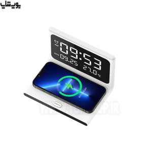 ساعت دیجیتال و شارژر بی سیم 15 وات رسی مدل RLS-L12 دارای چراغ در بالای ساعت می باشد.