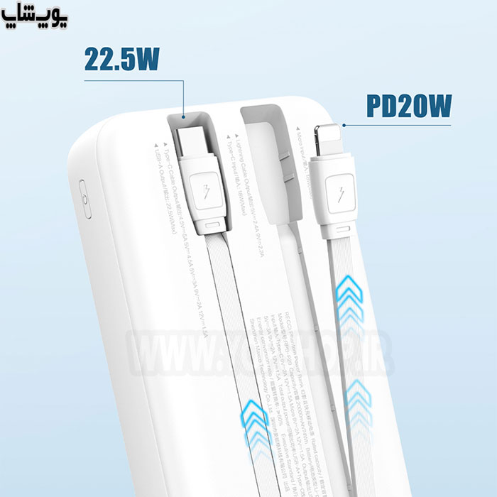 پاوربانک 20000 میلی آمپر ساعت فست شارژ رسی مدل RPB-P29 با پورت های دارای قابلیت شارژ سریع می باشد.