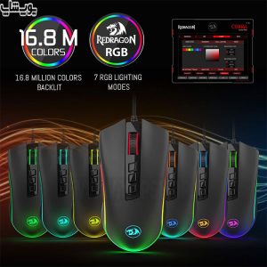 موس گیمینگ سیمی RGB ردراگون مدل M711-2 COBRA دارای طراحی راحت و ارگونومیک با دستگیره‌های بافت برای جلسات طولانی بازی بدون خستگی است.