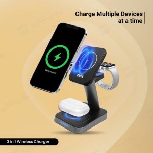 استند شارژ وایرلس 3 کاره کالک Calk CW002 تلفن هوشمند را به صورت افقی و عمودی شارژ می‌کند
