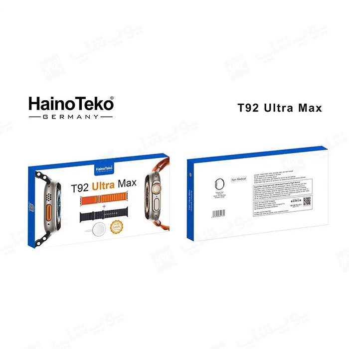 بسته بندی ساعت هوشمند هاینوتکو مدل T92 Ultra Max استاندارد و دارای دفترچه راهنما است.
