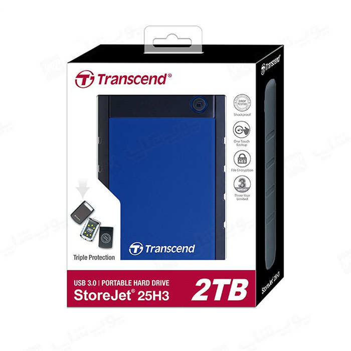 بسته بندی هارد اکسترنال USB 3.1 ترنسند مدل StoreJet 25H3B SJ25H3B با ظرفیت 2 ترابایت استاندارد و اورجینال است.
