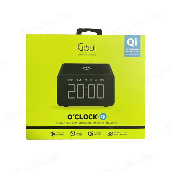 ساعت دیجیتال، شارژر بی سیم و اسپیکر گوئی مدل O’Clock در بسته بندی مناسب می باشد.