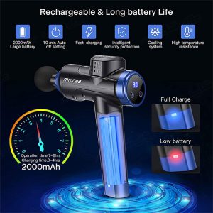 ماساژور تفنگی میلکیا مدل MG-029 با باتری با کارایی حدود 6 ساعت است.