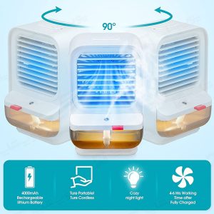 کولر آبی رومیزی مدل QW-F19 با باتری 4000 میلی آمپر ساعتی می باشد.