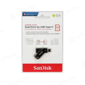 فلش مموری سان دیسک مدل Ultra Dual Drive Go USB3.1 با ظرفیت 64 گیگابایت در بسته بندی استاندارد قرار دارد.