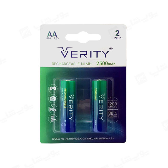 باتری قلمی 2500mAh قابل شارژ وریتی مدل HR6 بسته دو عددی با امنیت بالا و عمر طولانی می باشد.