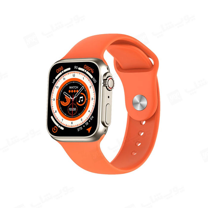 ساعت هوشمند مدل Z59 Ultra دارای بند سیلیکونی نارنجی می باشد.