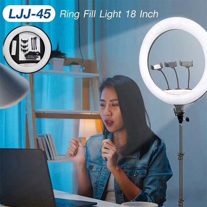 رینگ لایت 18 اینچی Ring Fill Light مدل LJJ-45 دارای شدت نور قابل تنظیم برای شرایط مختلف می باشد.