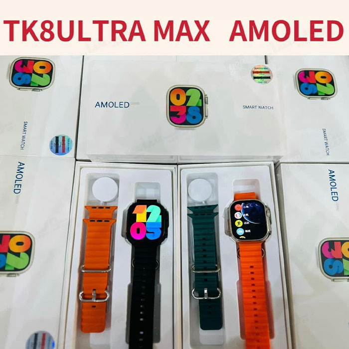 ساعت هوشمند مدل TK8 Ultra Max در بسته بندی مناسب قرار دارد.