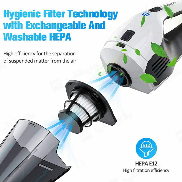 جارو شارژی قابل حمل هولایف مدل HM218B دارای فیلتر قابل شستشوی Hepa می باشد.