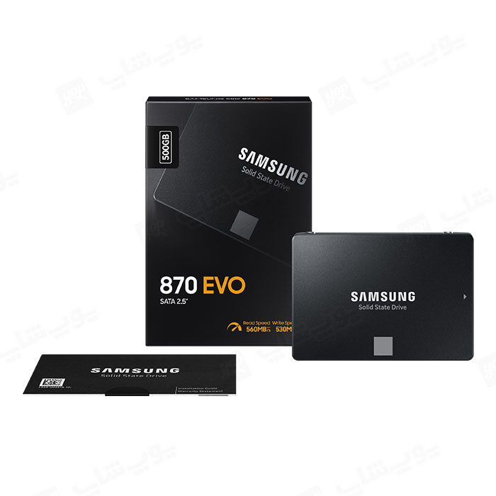 هارد SSD اینترنال 500 گیگابایت سامسونگ مدل 870 EVO در بسته بندی مناسب قرار دارد.