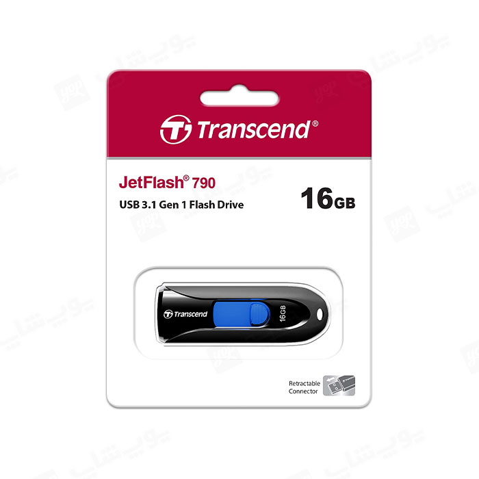 فلش مموری ترنسند مدل JetFlash 790 USB 3.1 با ظرفیت 16 گیگابایت در بسته بندی مناسب قرار دارد.