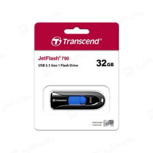 فلش مموری ترنسند مدل JetFlash 790 USB 3.1 با ظرفیت 32 گیگابایت در بسته بندی مناسب قرار دارد.