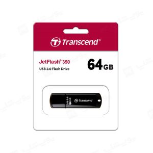 فلش مموری ترنسند مدل JetFlash 350 USB 2.0 با ظرفیت 64 گیگابایت در بسته بندی مناسب قرار دارد.
