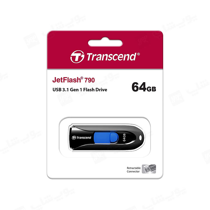 فلش مموری ترنسند مدل JetFlash 790 USB 3.1 با ظرفیت 64 گیگابایت در بسته بندی مناسب قرار دارد.