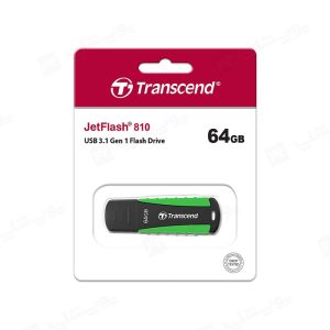 فلش مموری ترنسند مدل JetFlash 810 USB 3.1 با ظرفیت 64 گیگابایت در بسته بندی مناسب قرار دارد.
