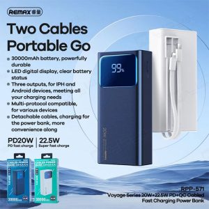 پاوربانک فست شارژ 30000mAh ریمکس مدل RPP-571 با طراحی ظاهری شیک می باشد.