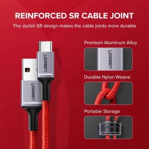 کابل شارژ USB به تایپ C یوگرین مدل US292 به طول 1 متر دارای مقاومت بالا می باشد.