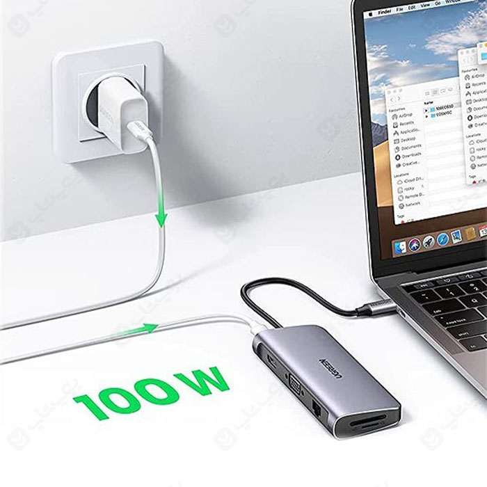 هاب 10 پورت Type-C به USB3.0 ،LAN ،VGA ،HDMI ،AUX ،SD ،TF و PD یوگرین مدل CM179 دارای قابلیت شارژ با توان 100 وات می باشد.