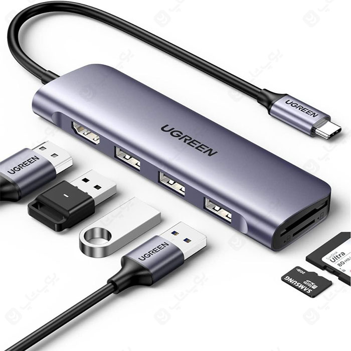 هاب 6 پورت Type C به USB 3.0 با یک پورت HDMI و درگاه کارت حافظه یوگرین 70410 CM195 با قابلیت شارژ سریع