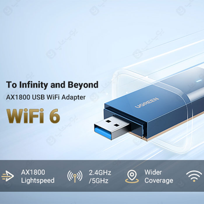 کارت شبکه بی سیم AX1800 دو باند USB 3.0 یوگرین 90340 CM499 از باندهای 2,4GHz و 5GHz پشتیبانی می‌کند