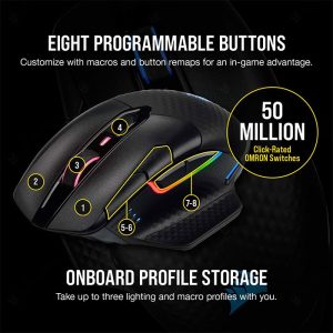 موس بی سیم گیمینگ کورسیر مدل Dark Core RGB Pro SE امکان برنامه‌ریزی دکمه‌ها را دارد.