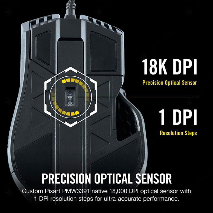 موس گیمینگ سیمی کورسیر مدل IRONCLAW RGB دارای DPI قابل تنظیم تا 18000 است.