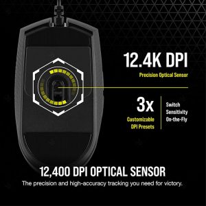 موس گیمینگ سیمی کورسیر مدل Katar Pro با قابلیت تنظیم DPI تا 12400 است.