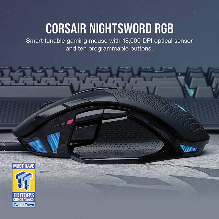 موس سیمی گیمینگ کورسیر مدل NIGHTSWORD RGB دارای سنسور دقیق است.