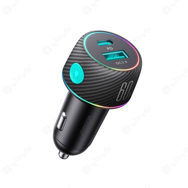 شارژر فندکی 60 وات جویروم مدل JR-CCN01 در رنگ بندی مشکی است.