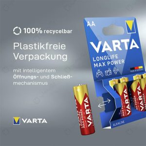 باتری قلمی AA آلکالاین وارتا مدل LONGLIFE MAX POWER پک 4 تایی در بسته بندی مناسب قرار دارد.