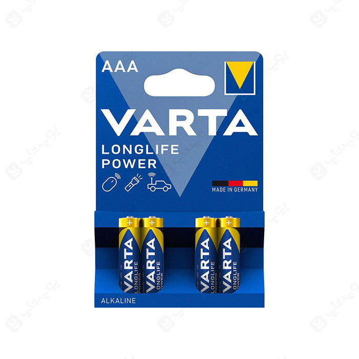 باتری نیم قلمی AAA آلکالاین وارتا مدل LONGLIFE POWER پک 4 تایی در رنگ بندی آبی