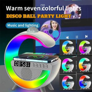 چراغ، اسپیکر و شارژر بی سیم مدل G2388 با نورپردازی در 7 رنگ مختلف می باشد.