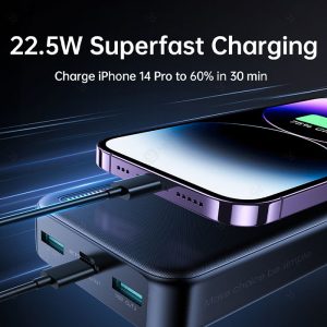 پاوربانک 20000mAh جویروم مدل JR-QP195 با توان خروجی حداکثر 22.5 وات است.