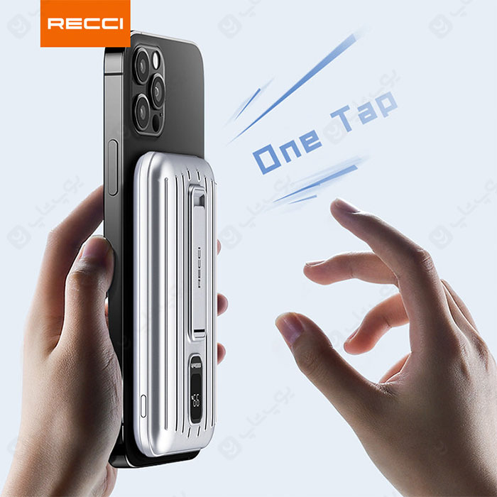 پاوربانک 10000mAh وایرلس شارژ و هولدر موبایل رسی مدل RPB-P23 دارای مگنت قوی است.