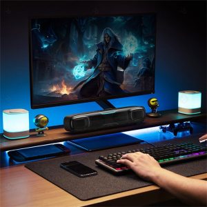 اسپیکر بلوتوثی و مینی ساندبار بیسوس مدل AeQur DS10 A20054402111 قابل استفاده بر روی میز می باشد.