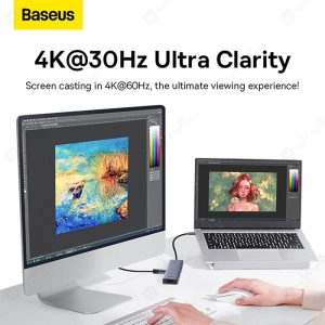 هاب 5 پورت Type-C به 3.0 USB و HDMI بیسوس مدل B00052809813 با رزلوشن 4K است.