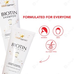 شامپو تقویت کننده، نرم کننده و ضد ریزش موی بیوتین HAIRTAMIN Biotin Shapoo مناسب برای استفاده خانم ها و آقایان است.
