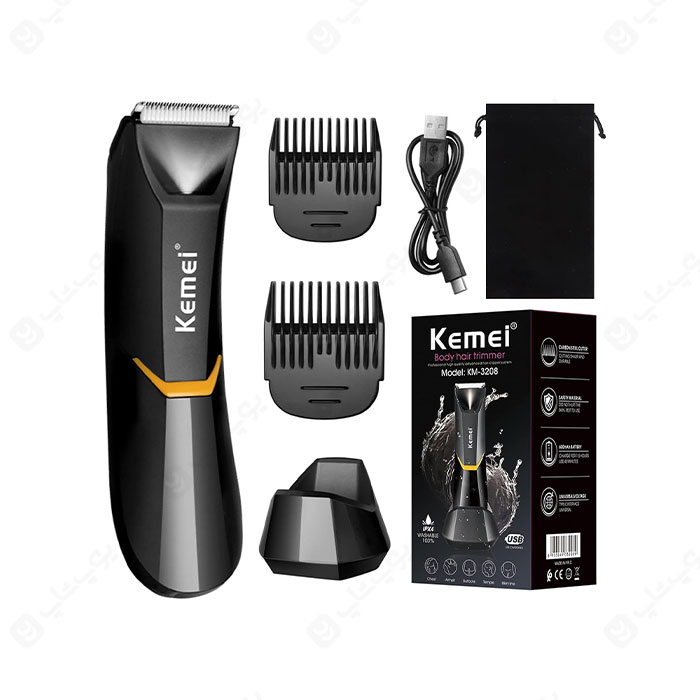 ماشین اصلاح ضدآب شارژی کیمی مدل KEMEI KM-3208 به همراه 2 دو عدد شانه است.