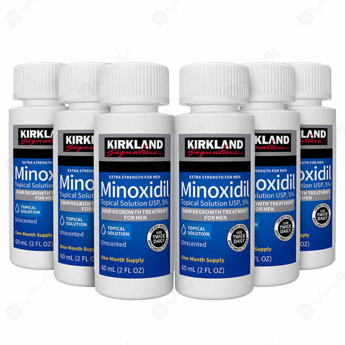 محلول رشد مجدد و تقویت موی سر Kirkland Minoxidil 5% دارای 6 عدد بطری است.