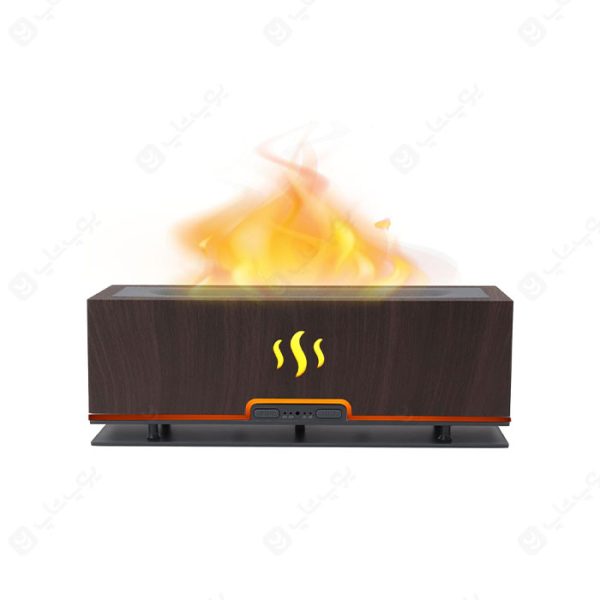دستگاه بخور ساز التراسونیک مدل Flame Aroma Diffuser با بدنه طرح چوب و رنگ قهوه ای تیره است.