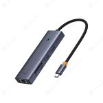هاب 7 پورت Type-C به USB3.0 ،LAN ،Type-C ،SD ،TF و HDMI بیسوس مدل B00052805813 در رنگ بندی خاکستری است.